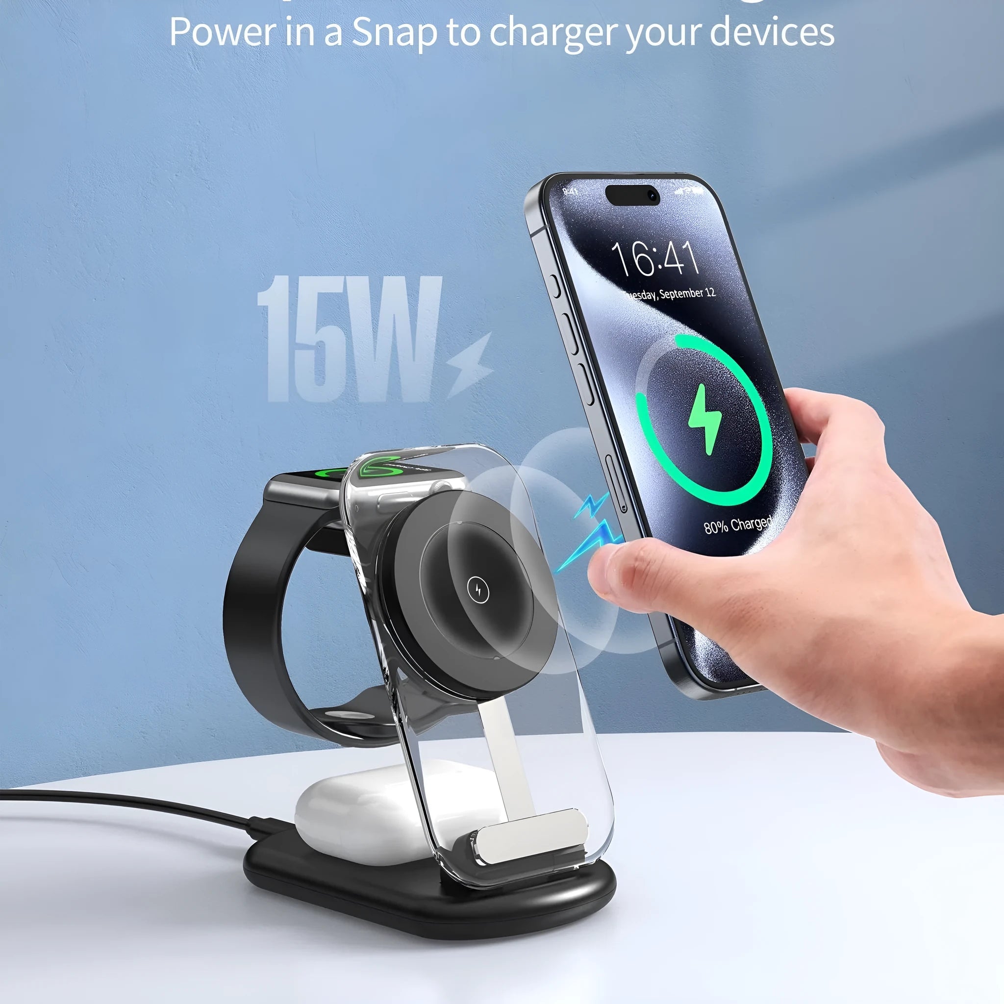 Transparent foldable 3-in-1 wireless charger showing magnetic pad, Qi coil, and closed portable form.