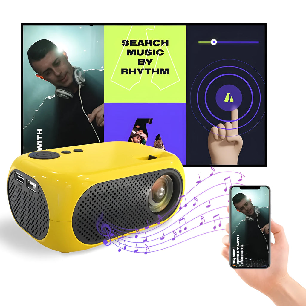 Compact M24 portable mini projector in gold or white finish with regional power adapters