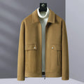 Men's knitted polo collar jacket in blue gray, camel or black, long sleeve polyester top, sizes M to 3XL