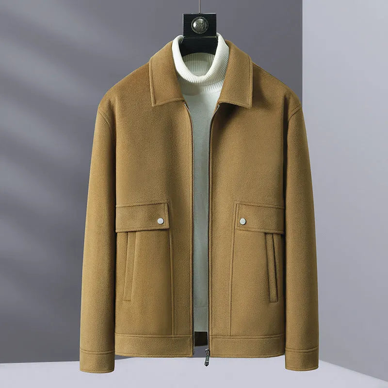 Men's knitted polo collar jacket in blue gray, camel or black, long sleeve polyester top, sizes M to 3XL