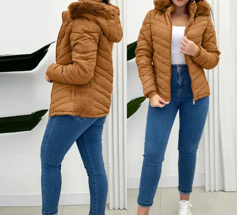 Polyester cotton cinched hoodie with fur collar short jacket in black, long sleeves, commuting style