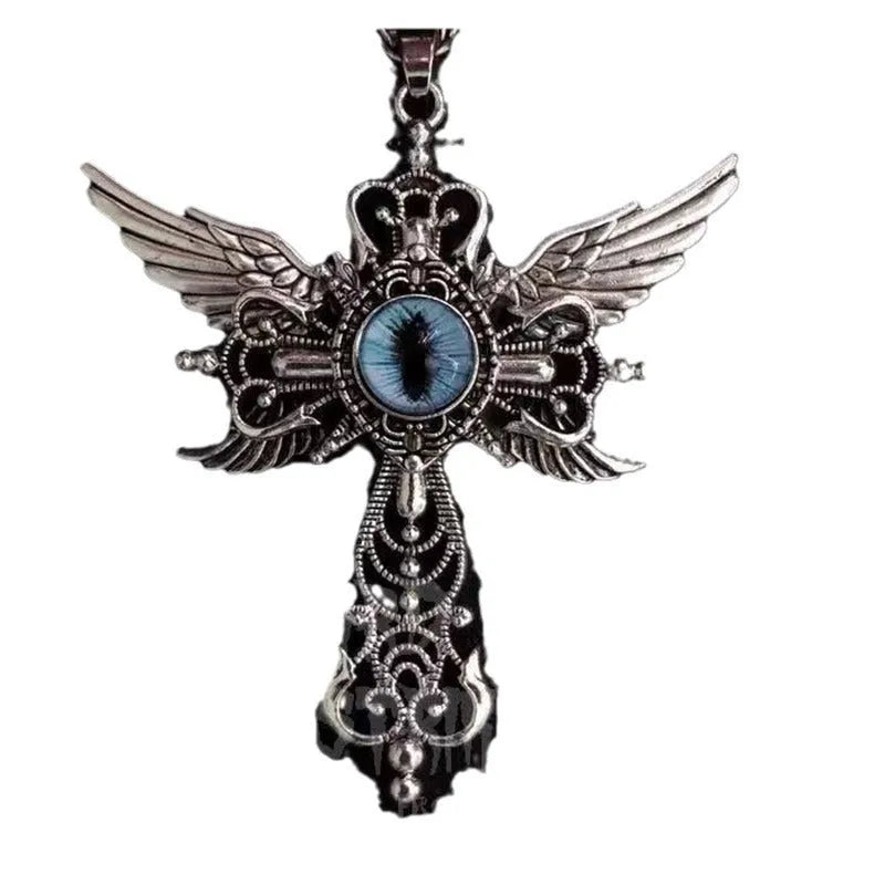 Devil wings and cross geometric pendant necklace on a 45cm chain, shown in red colour option.