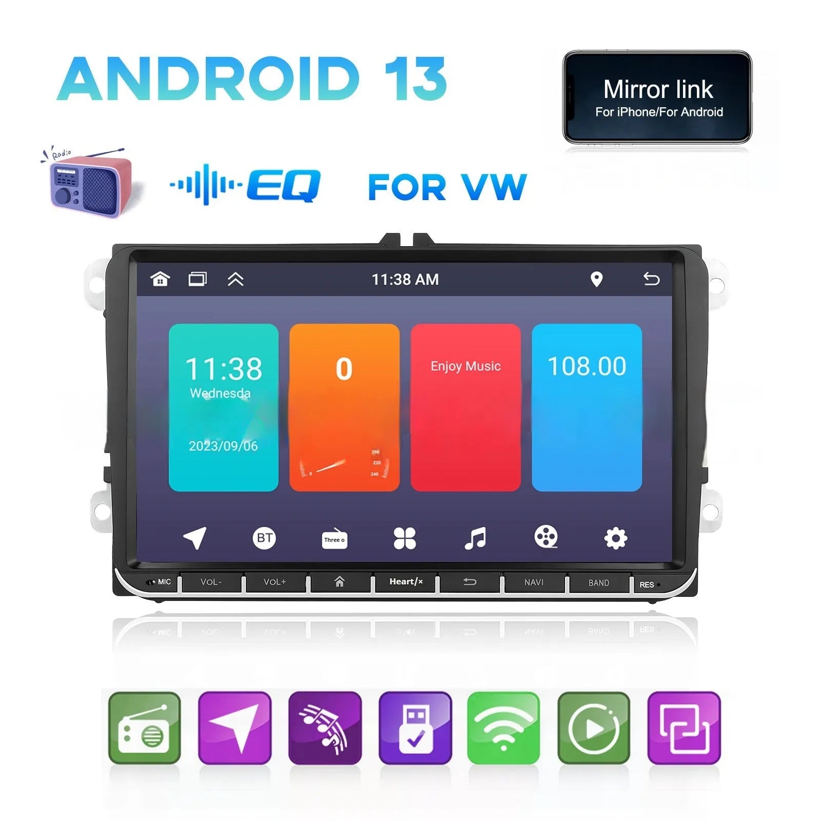 7 inch Android 13 car stereo head unit with touchscreen display for GPS navigation and smartphone mirroring.
