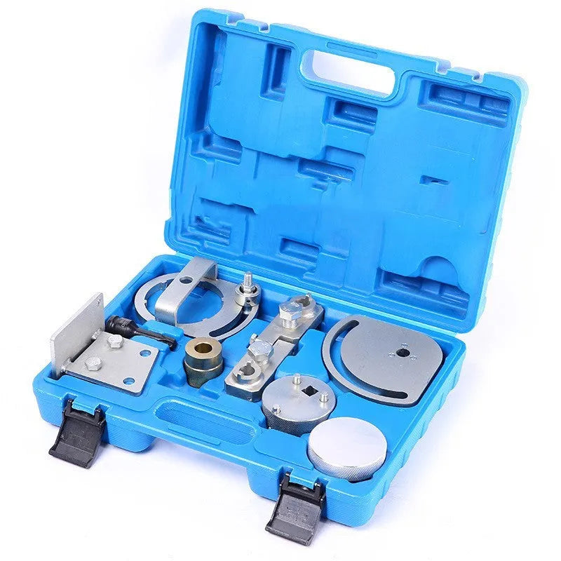 Volvo engine timing tool set with alignment tools for T5 and T6 engines on a workshop bench.