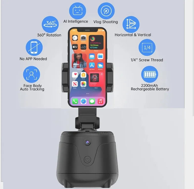 Q8 dual-axis AI face recognition phone stabiliser with ABS housing on a desk