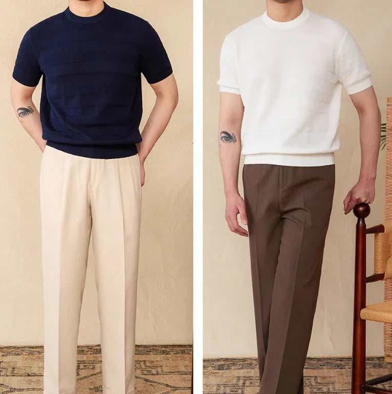 Men's beige cotton retro short sleeve T-shirt with round neck on hanger