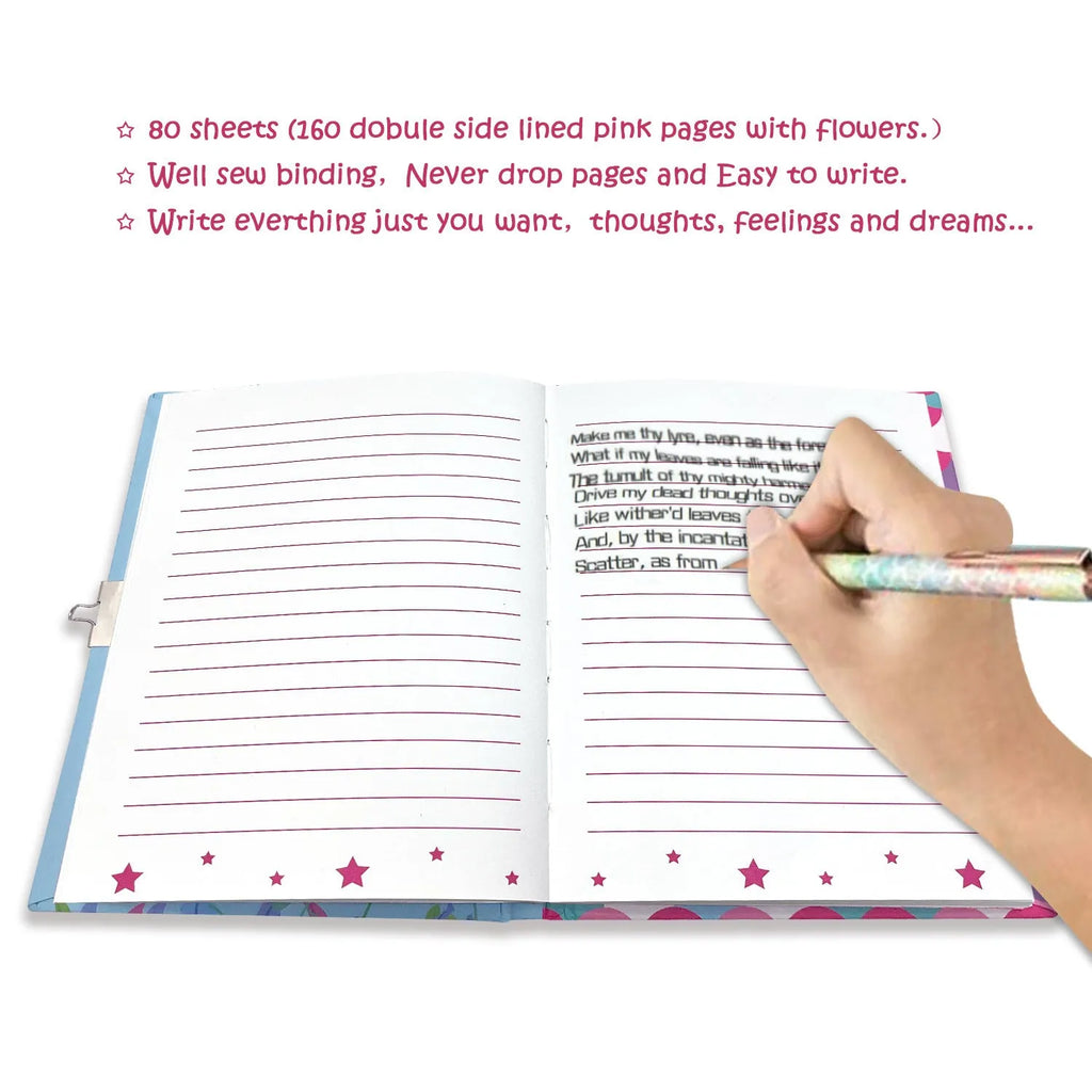 Children's mermaid printed notebook with lock, paper cover, thread bound, 80 sheets