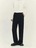 Man's loose-fit straight-leg business casual trousers in grey, laid flat showing waistband and full length.