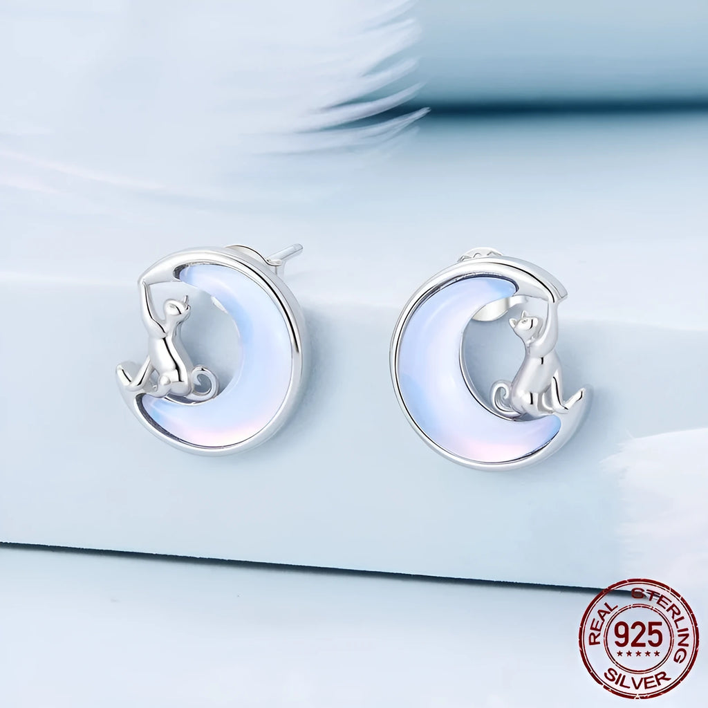 925 silver moon cat stud earrings with cute animal zodiac design
