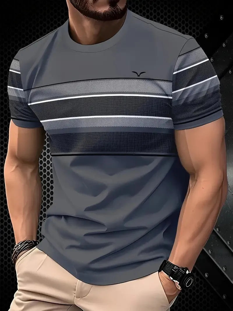 Men's loose fit casual polyester T-shirt in various colours on a size chart background