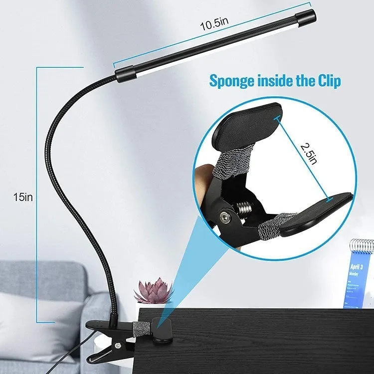 Black and white USB-powered LED desk lamp, 26 cm long, for dormitory eye protection.