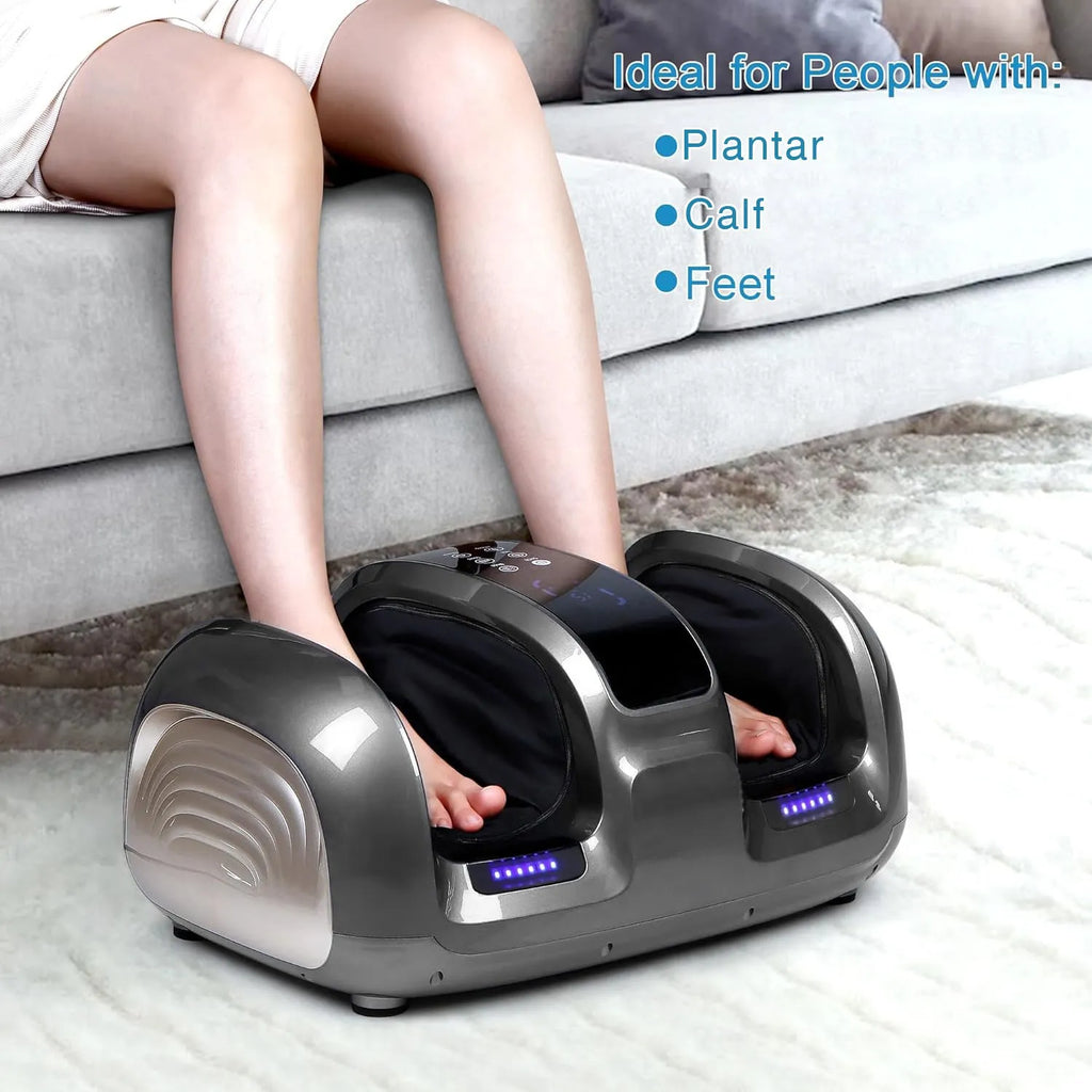 3D foot and calf massager with heat, four auto programs, adjustable intensity, and remote control, black finish