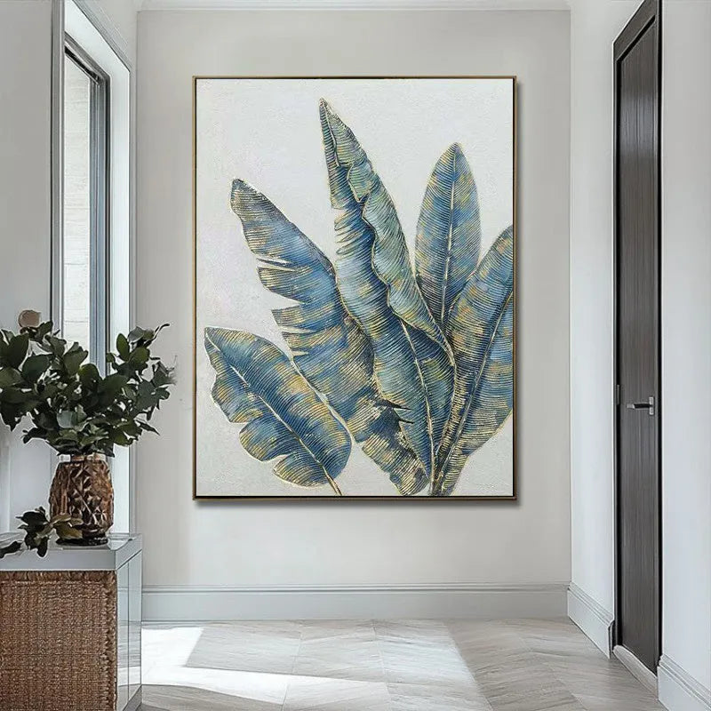 Hand-painted abstract green and golden banana leaves canvas wall art, rolled and frameless, on a white background