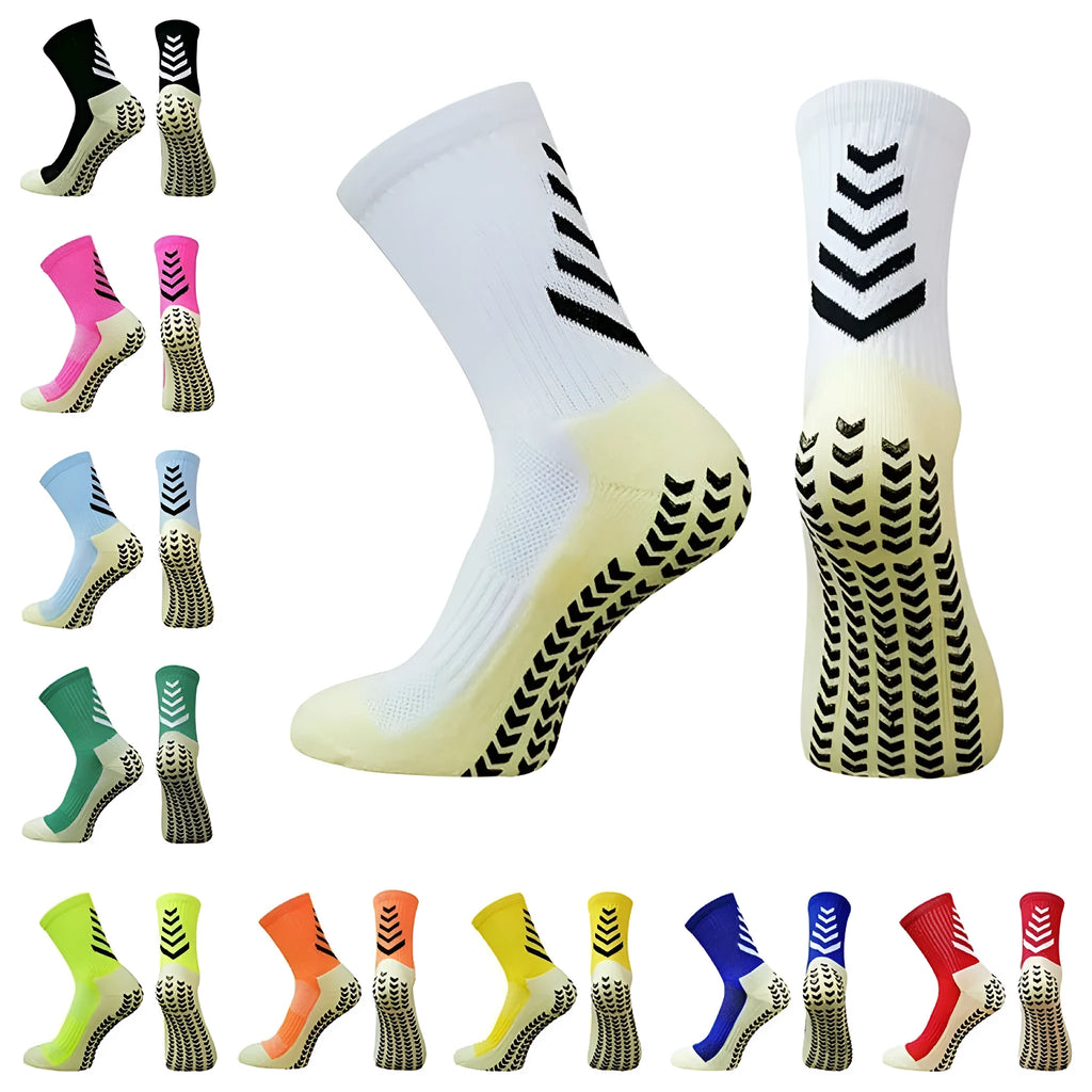 Men's patterned athletic sock in mid-calf length, showing non-slip silicone heel grip.
