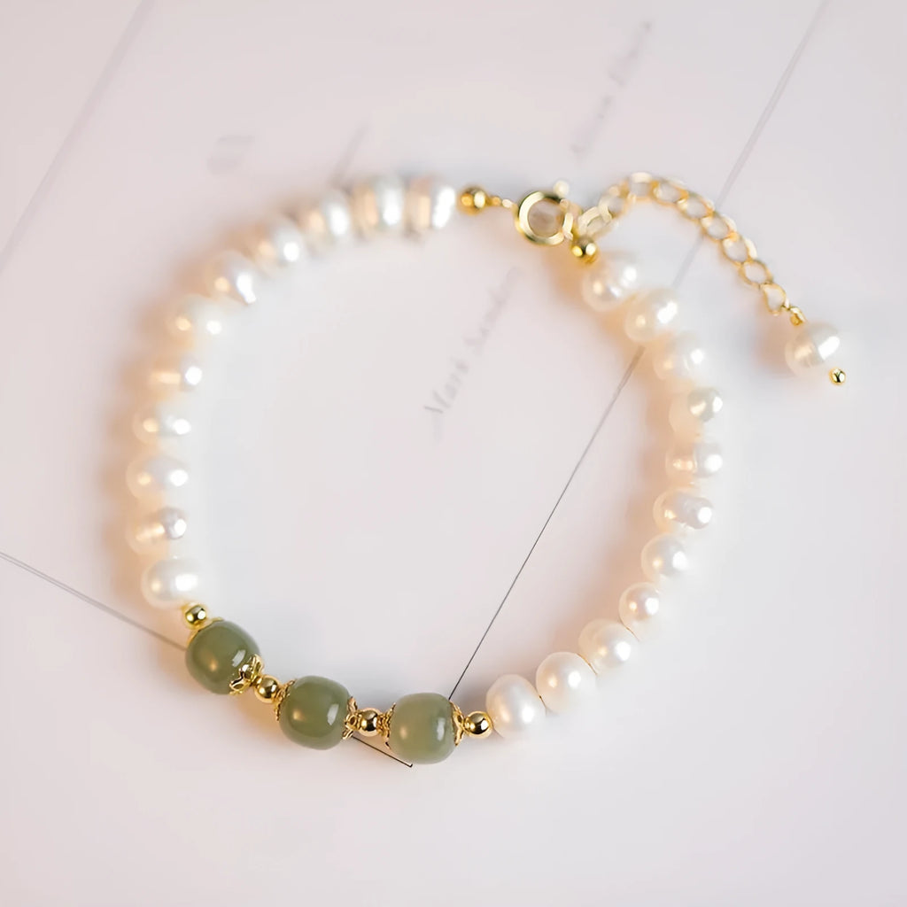 Freshwater pearl bracelet with diamond shape design in Korean style showing electroplated finish in Hetian jade colour