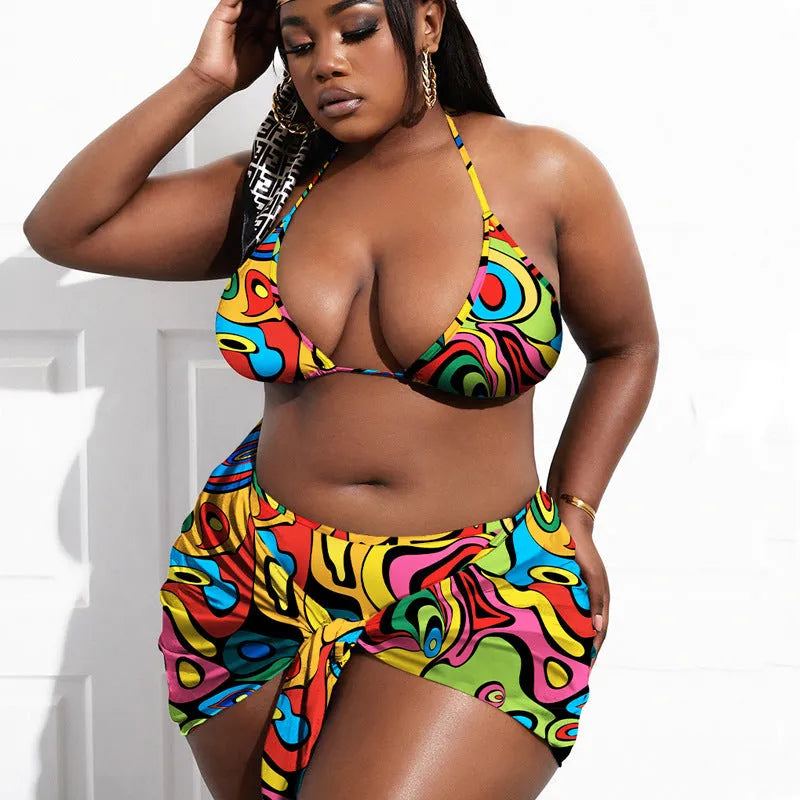 Women's three-piece bikini set with nylon top, bottom, and skirt in sizes XL to XXXXL