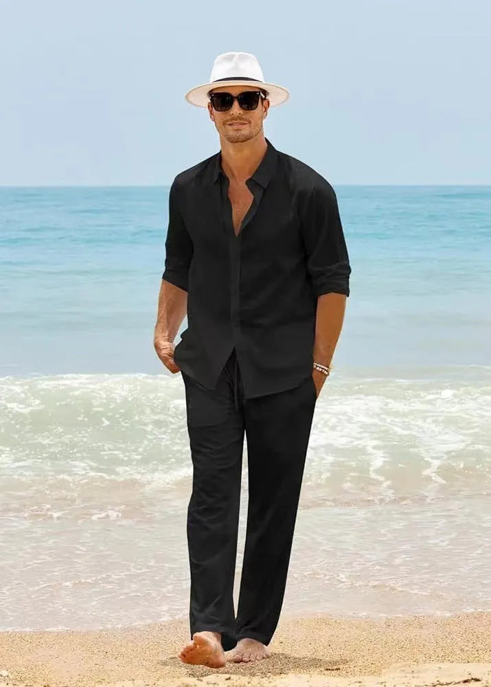 Men's cotton casual long sleeve top and trousers set in gray, available in sizes S to XXXL