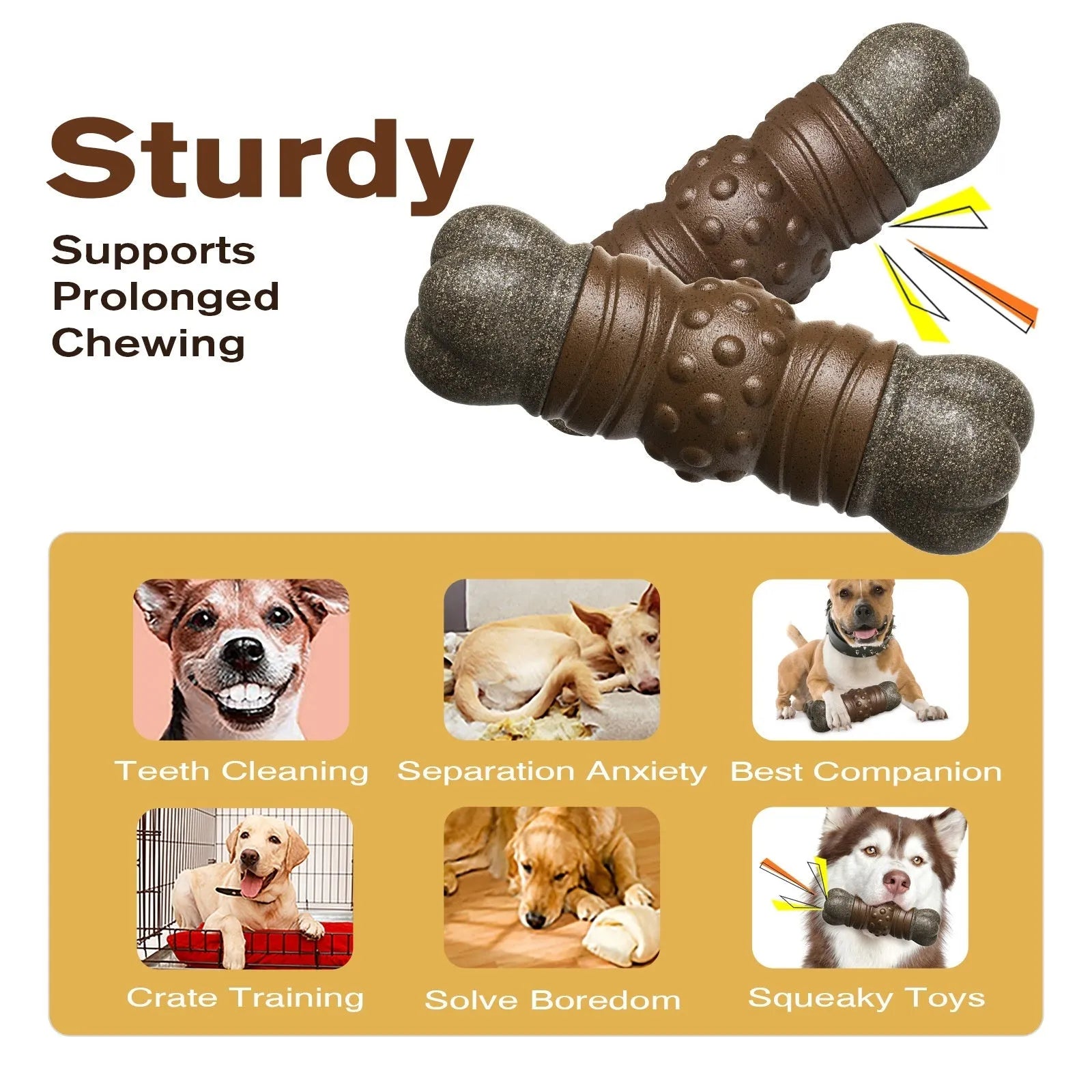 Wood colour plastic dog dental chew toy shaped like a bone with a ridged molar rod section.