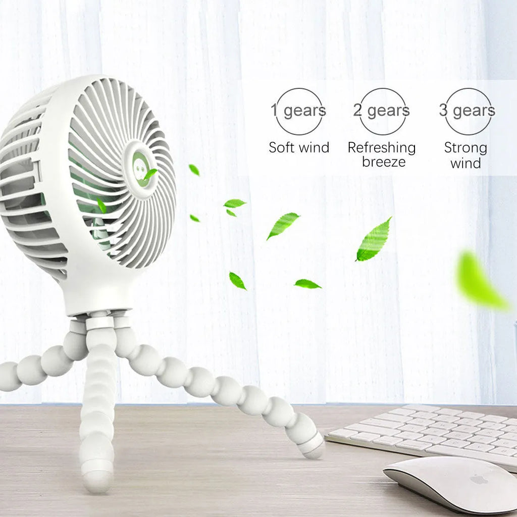 Octopus deformed folding fan with flexible legs, USB rechargeable, white, blue, pink, with protective net bag