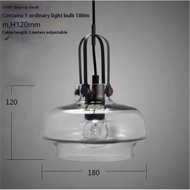 Retro industrial glass chandelier with warm light, available in three sizes and four glass colours for restaurant use