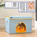 Beige and sky blue heated dog nest bed with removable cover, shown in medium 50cm and large 60cm sizes.
