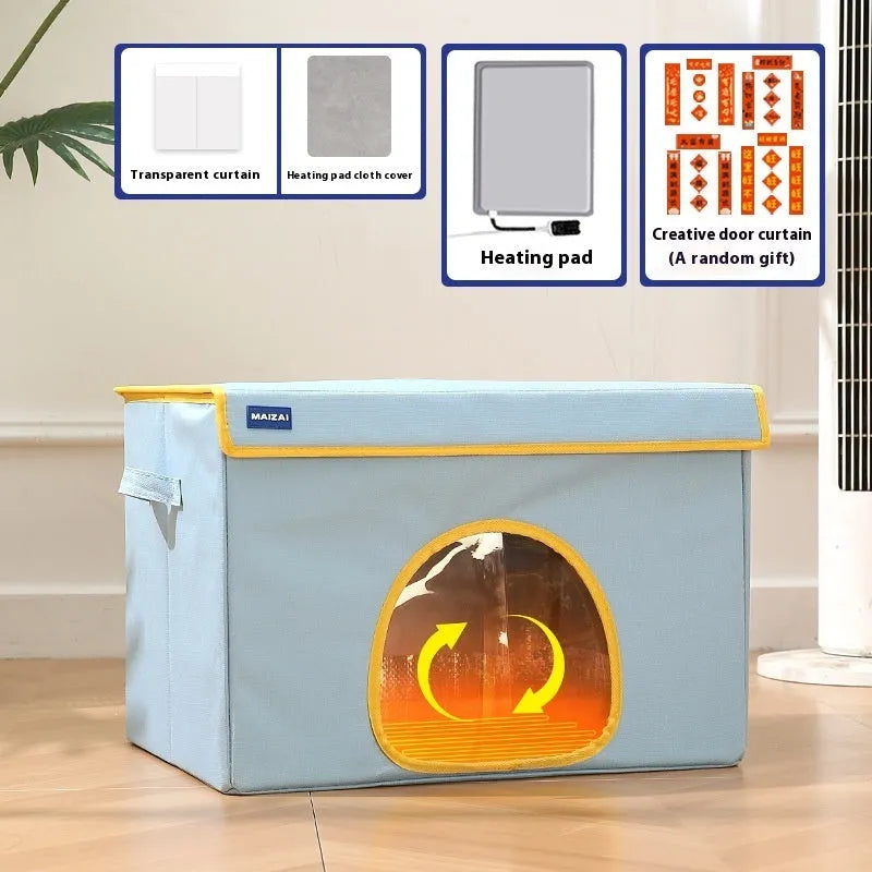 Beige and sky blue heated dog nest bed with removable cover, shown in medium 50cm and large 60cm sizes.