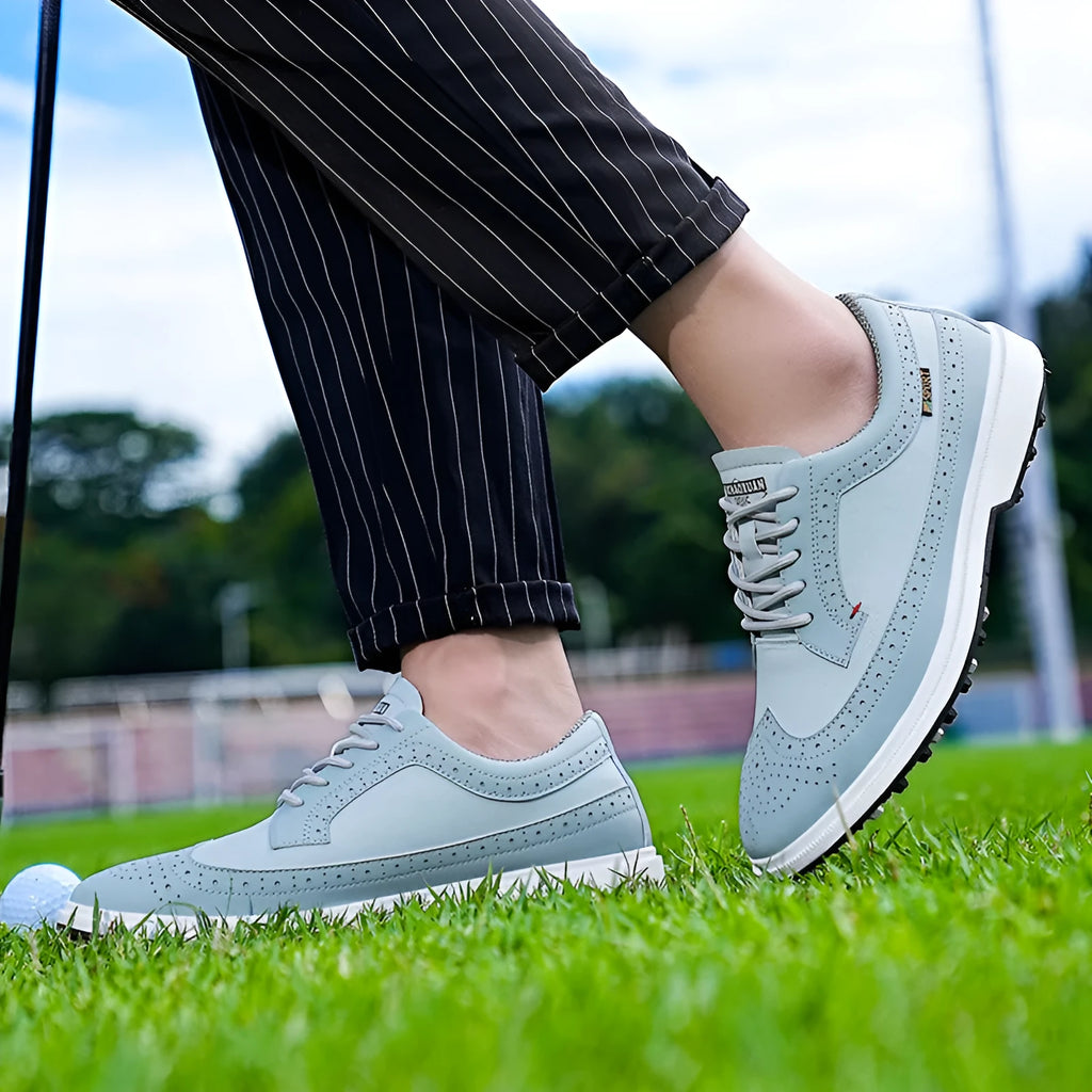Men's golf shoes with genuine leather upper and non-slip rubber outsole in Lake Blue and White colours