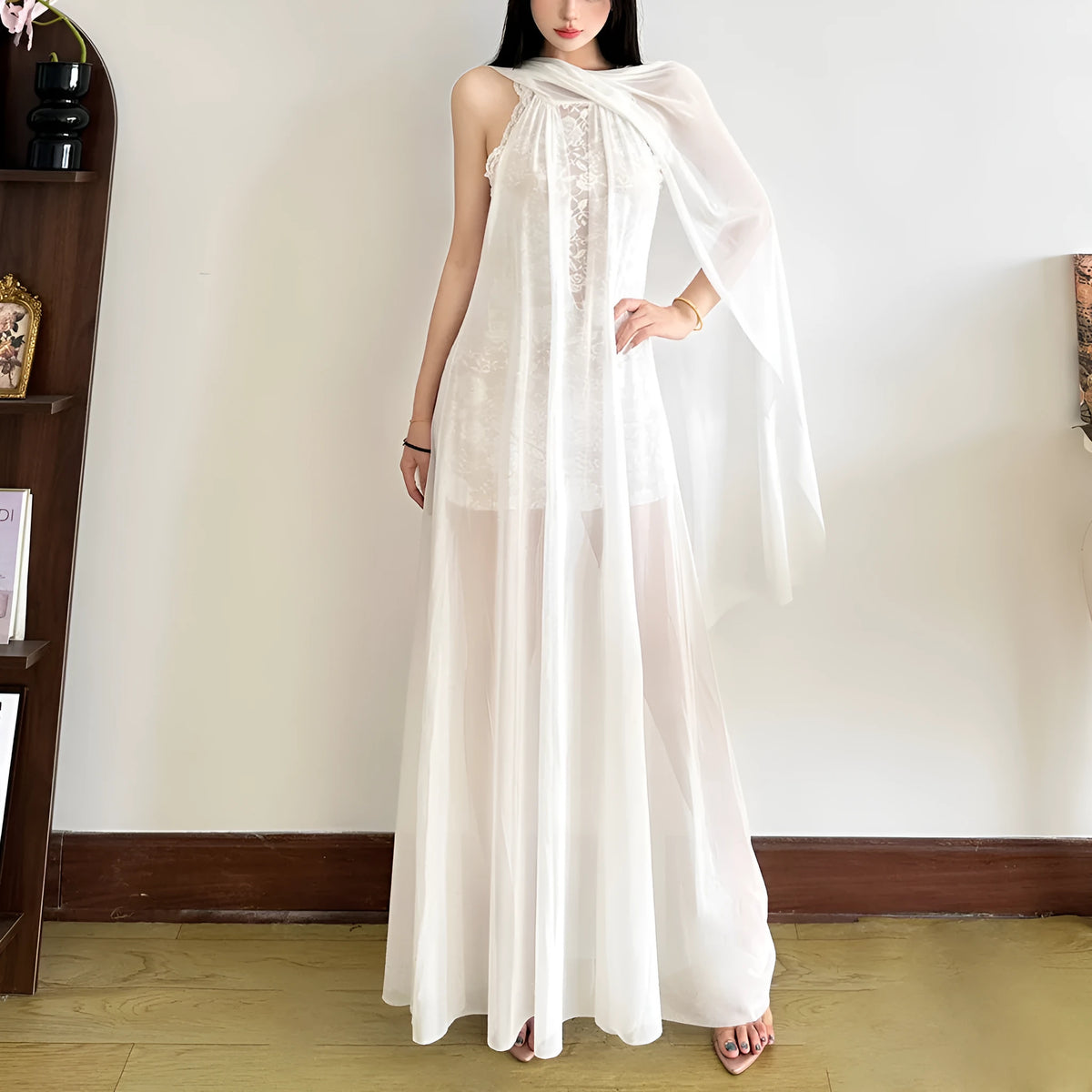 White women's halter dress with lace stitching, high waist, A-line long skirt, street fashion style