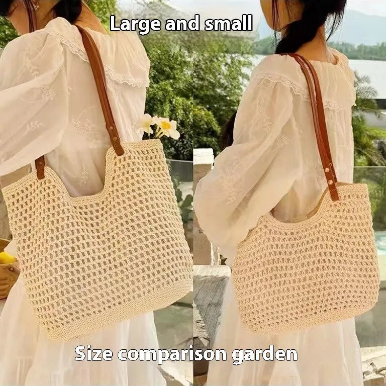 Beige woven cotton linen shoulder bag showing large and small size options with magnetic snap and zipper closure variants