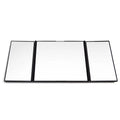 Silver car visor folding makeup mirror shown closed and open, with ABS plastic frame.