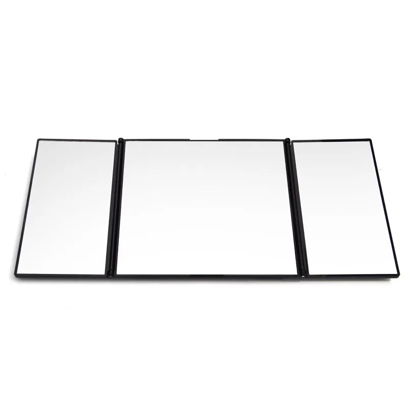 Silver car visor folding makeup mirror shown closed and open, with ABS plastic frame.
