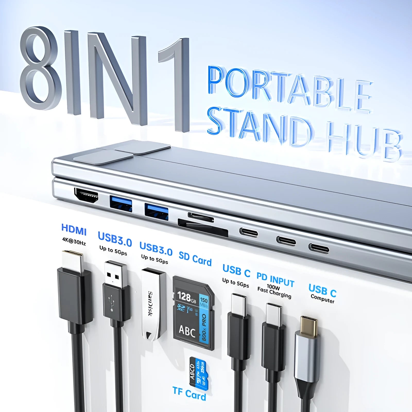 Aluminium alloy laptop docking station stand with folding design and integrated 8-in-1 HUB interfaces