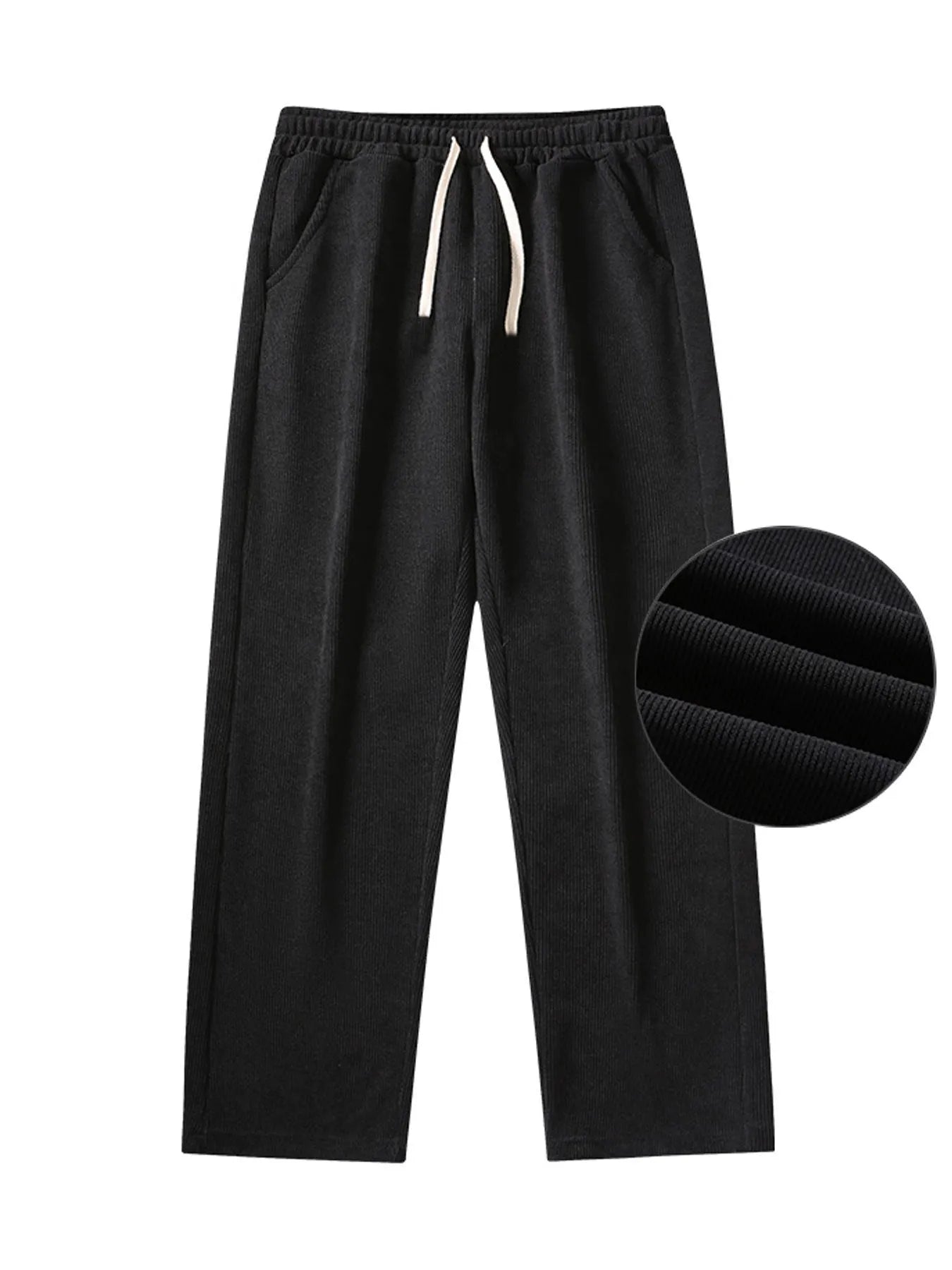 Retro corduroy men's casual striped trousers in black, mid-waist, polyester fabric