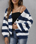 Women's striped deer plush cardigan with button front in blue.