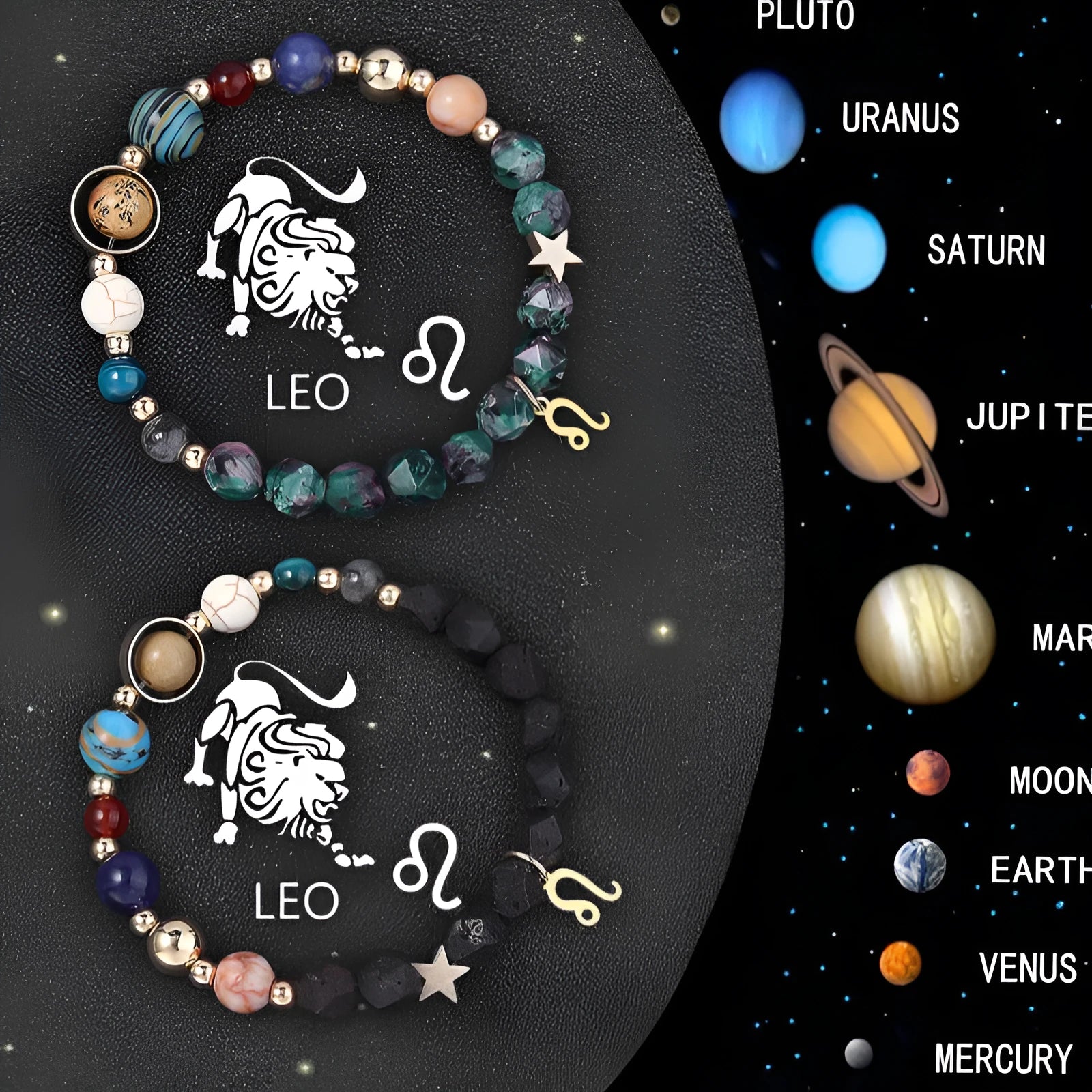 Two adjustable natural stone beaded bracelets on a table, showcasing the sliding knot and zodiac charm details.