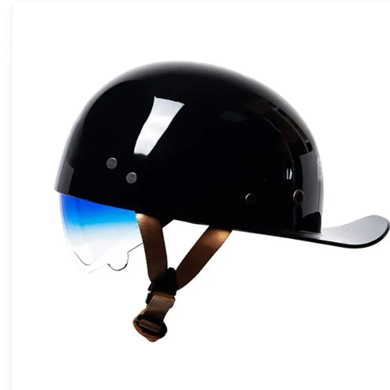 Men's bright black gradient retro half helmet for electric bicycles with a blue lens.