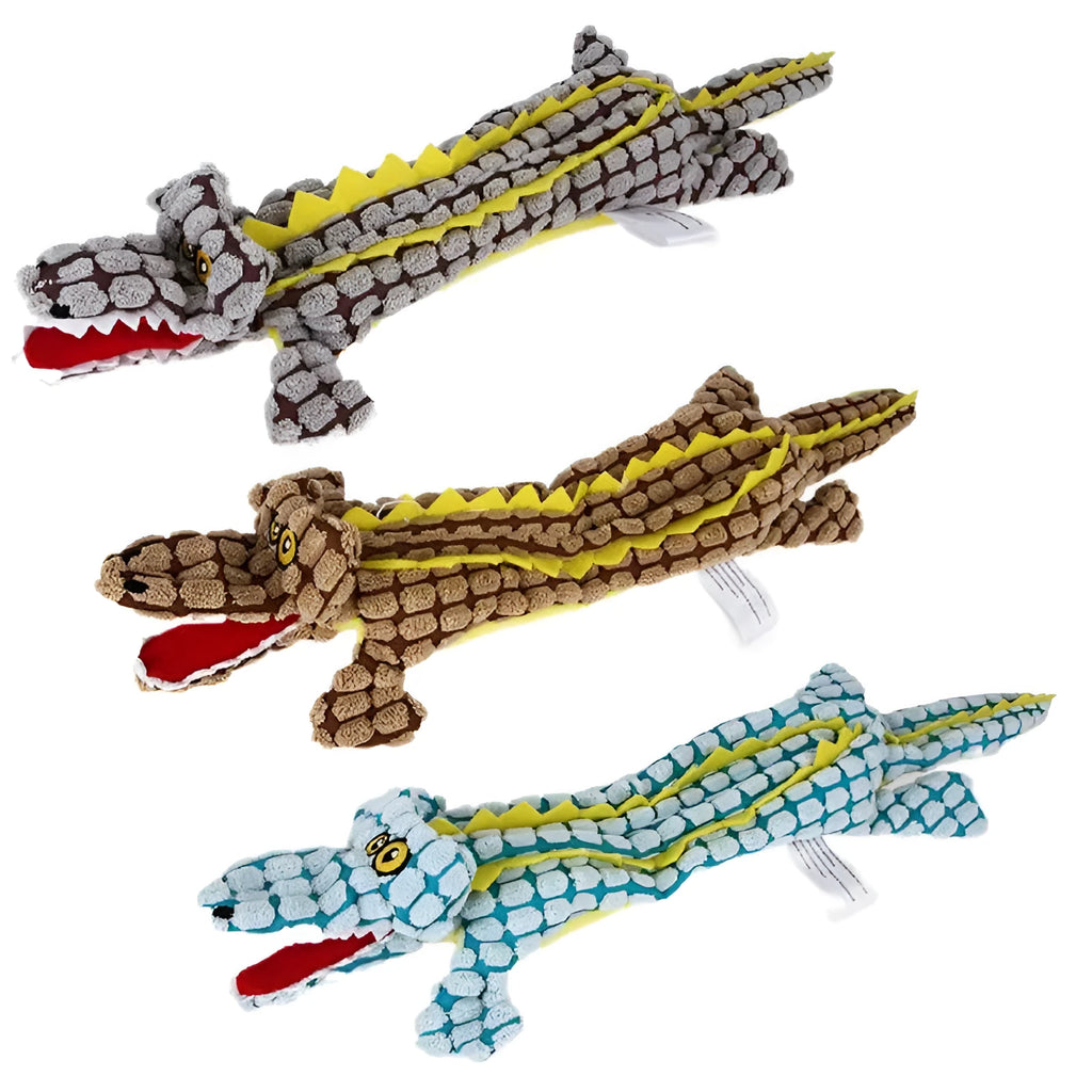 Blue crocodile-shaped plush dog toy with corduroy texture and squeaker for small and large dogs