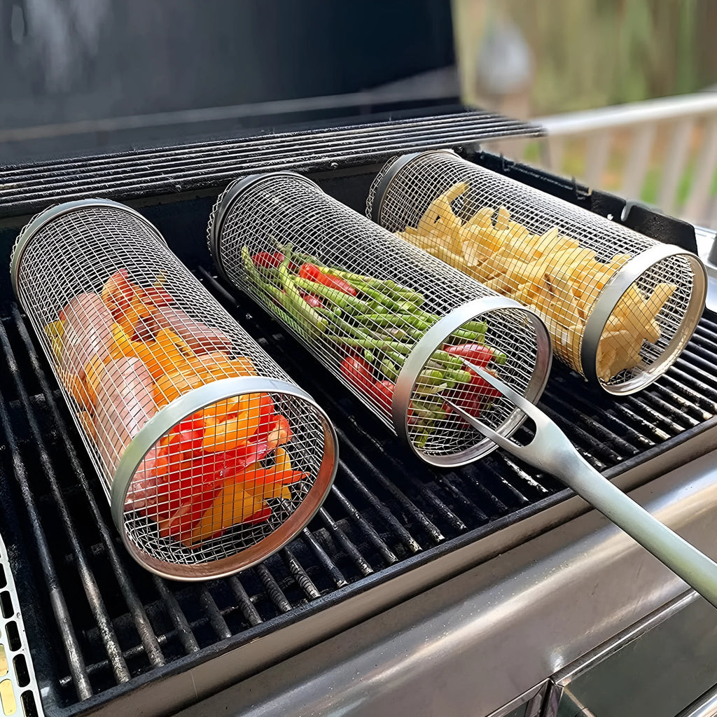 Stainless steel rolling BBQ grill basket with mesh cylinder design for vegetables meatballs