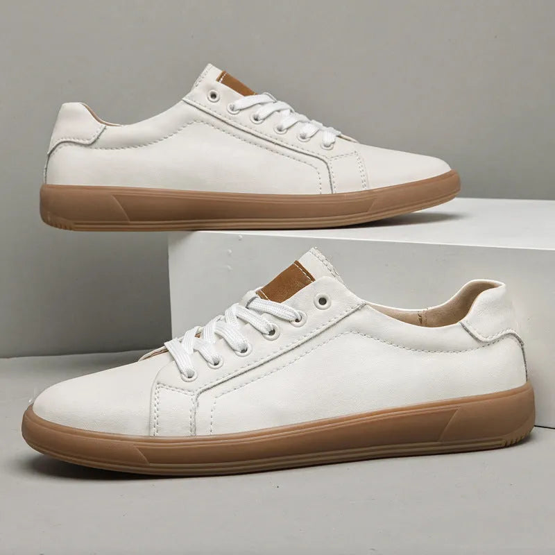 Spring fashion genuine leather low-top lace-up casual shoes for men, solid colour round toe, khaki colour
