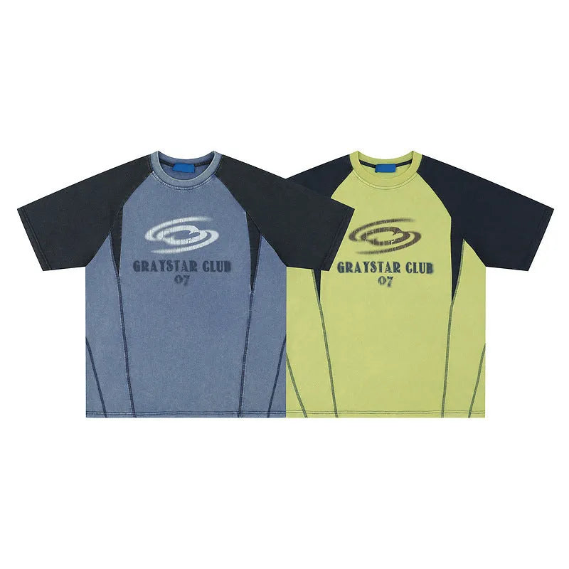 Men's blue hip hop letter print raglan sleeve T-shirt on hanger showing front graphic and sleeve detail