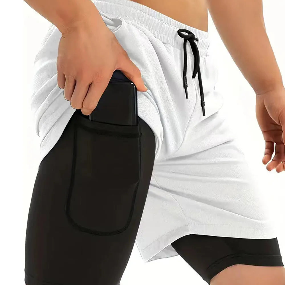 Double-layer sports shorts in camouflage pattern with cotton blend fabric and milk silk lining