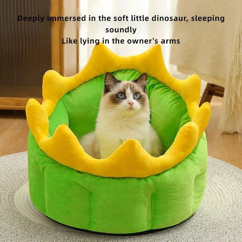 Dinosaur-shaped plush pet bed with teddy gold hair in size S for cats and small dogs