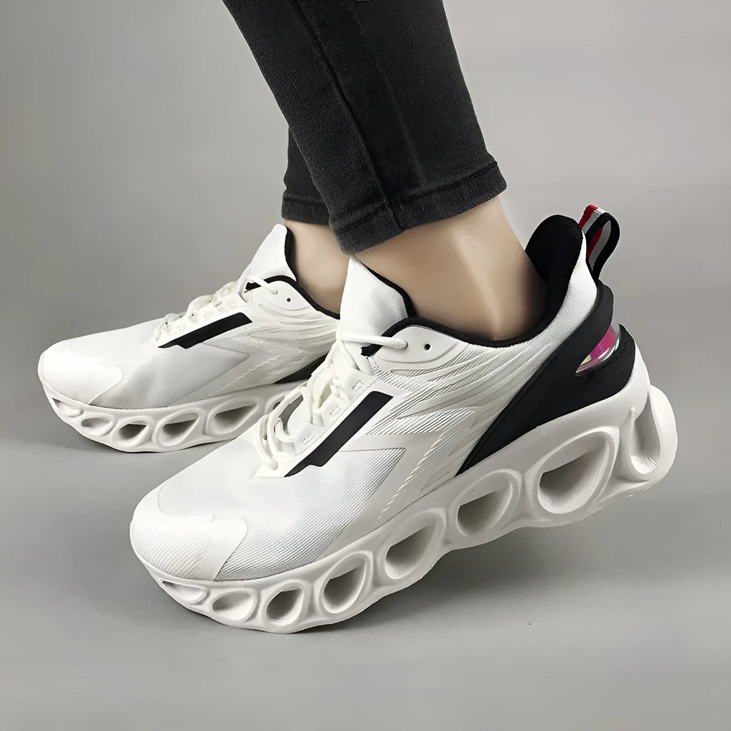 Men's casual sports shoes with mesh upper, round toe, lace-up design in black, white, and dark blue colours