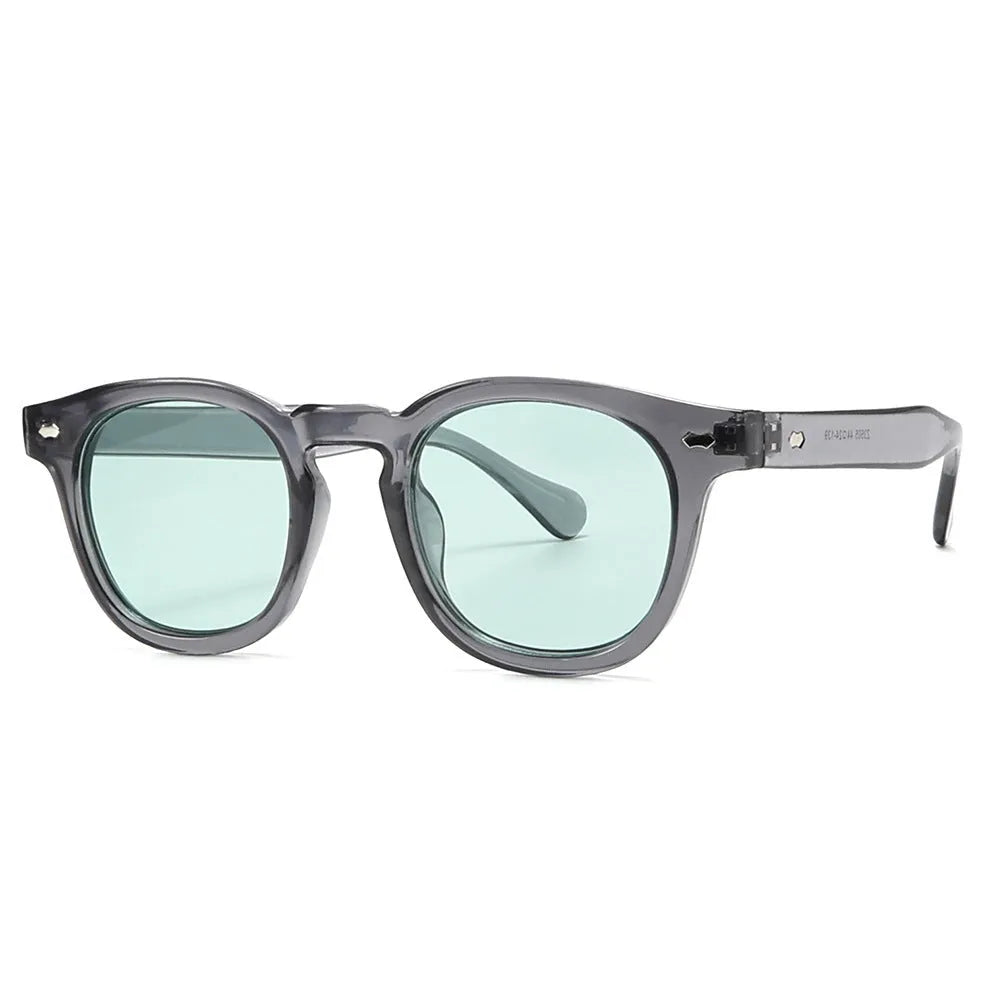 Round rim retro sunglasses with plastic frame and UV400 lenses in multiple colour options on a plain background