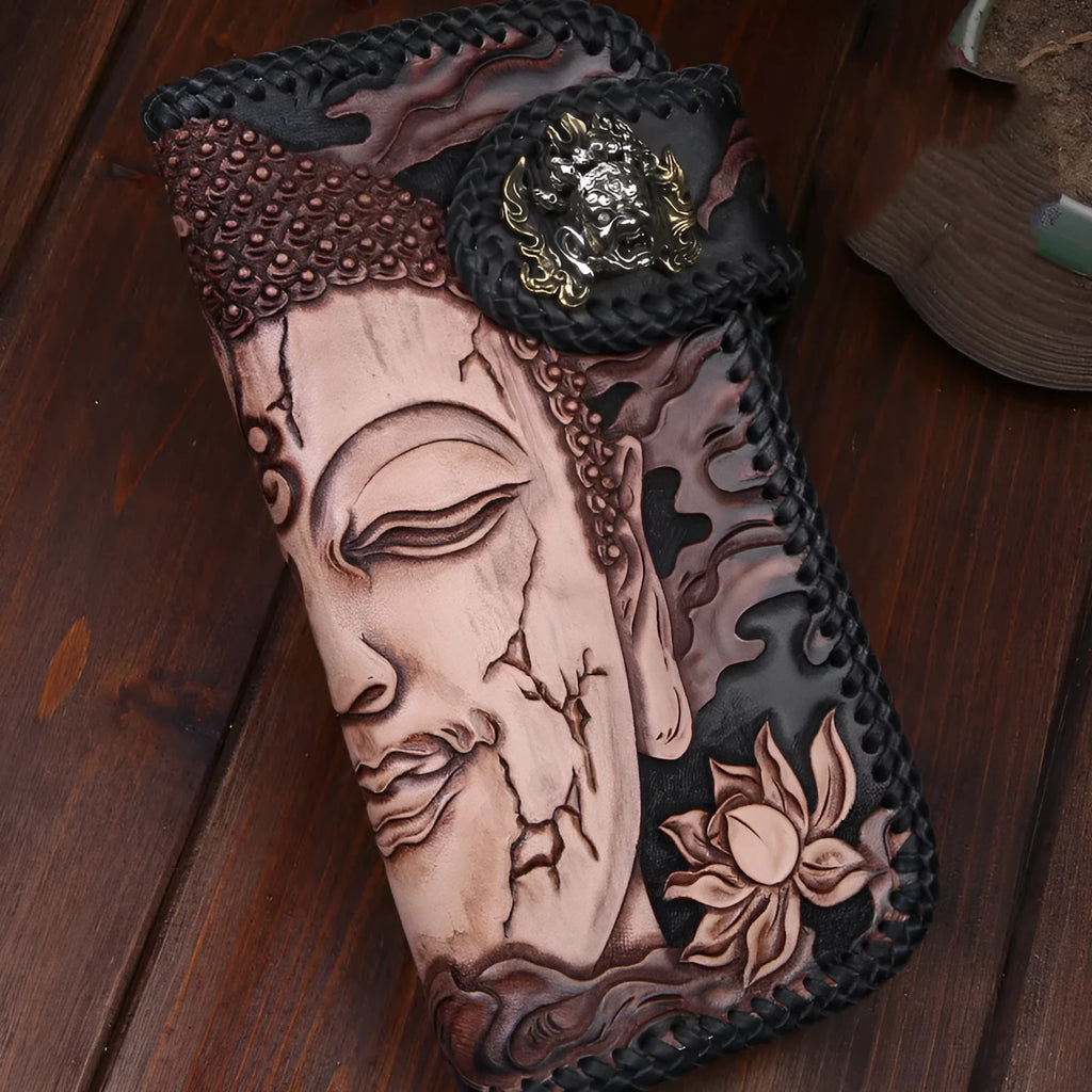Men's top layer cow leather carving wallet with buckle closure, hardbound Inner Buddha version, 21 x 10.5 cm