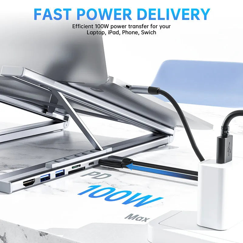 Aluminium alloy laptop docking station stand with folding design and integrated 8-in-1 HUB interfaces