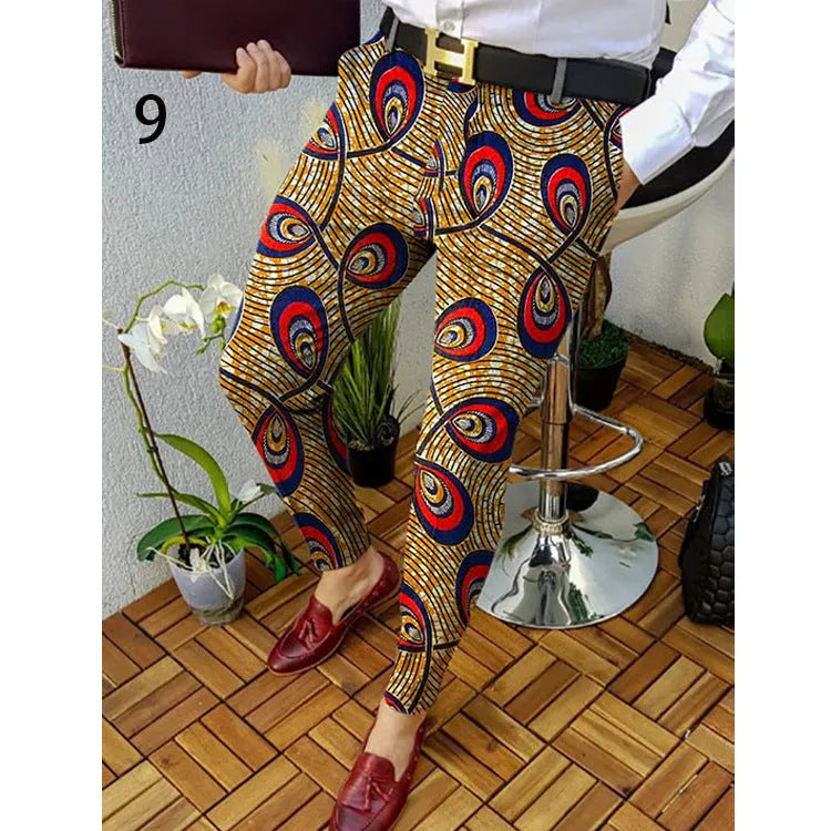 Men's slim-fit plaid casual trousers with 3D printed pattern and straight leg design