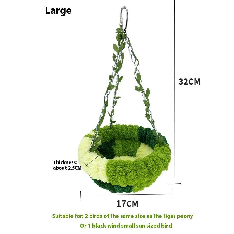 Deep forest green bird nest hammock with green leaves and swing for parrots