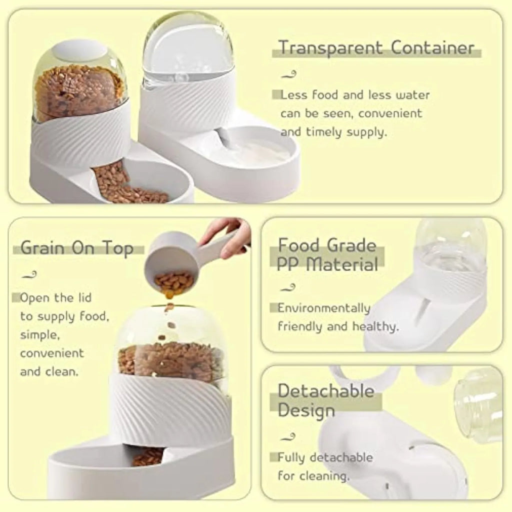 Pure white gravity cat feeder and water dispenser set with wave-shaped shell.
