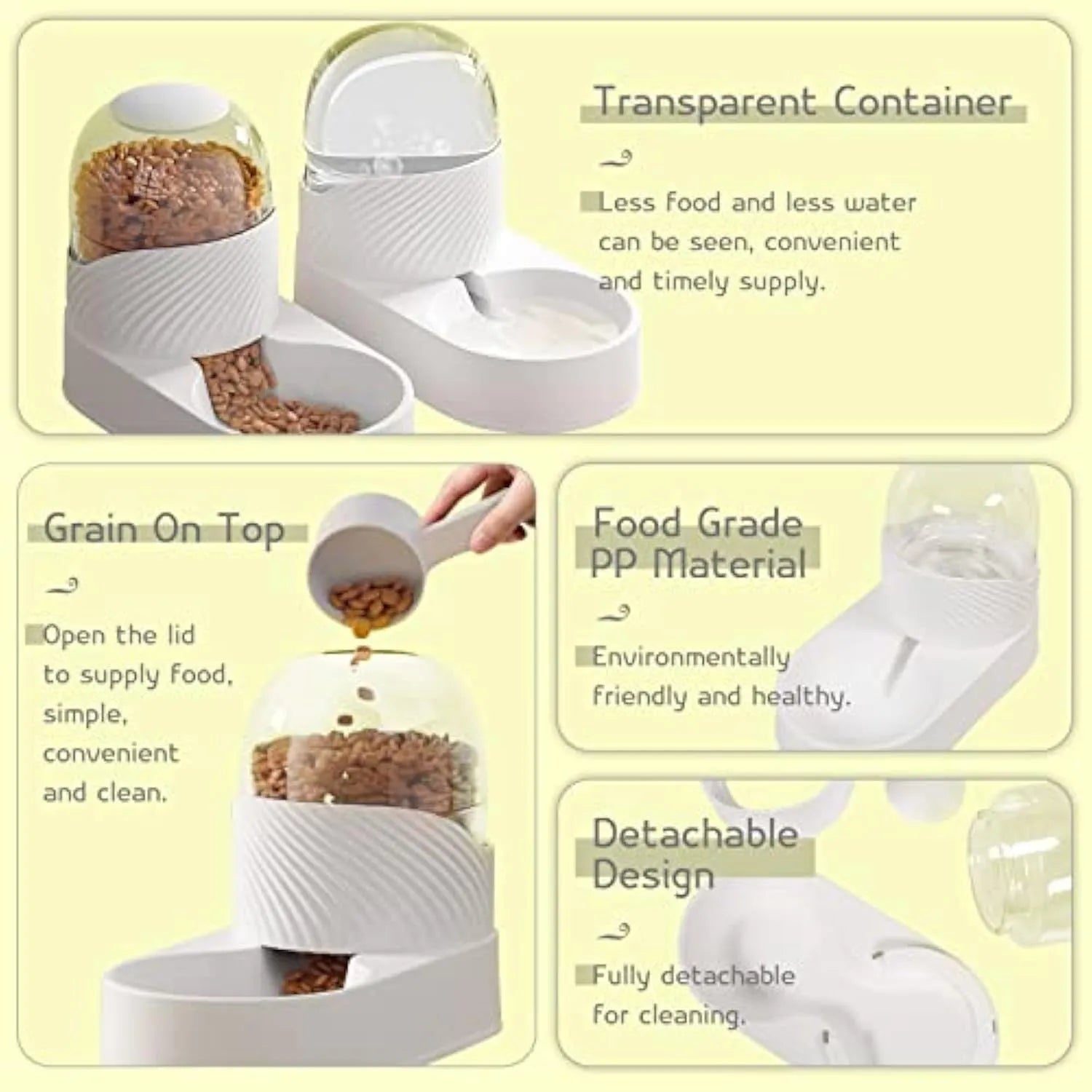 Pure white gravity cat feeder and water dispenser set with wave-shaped shell.